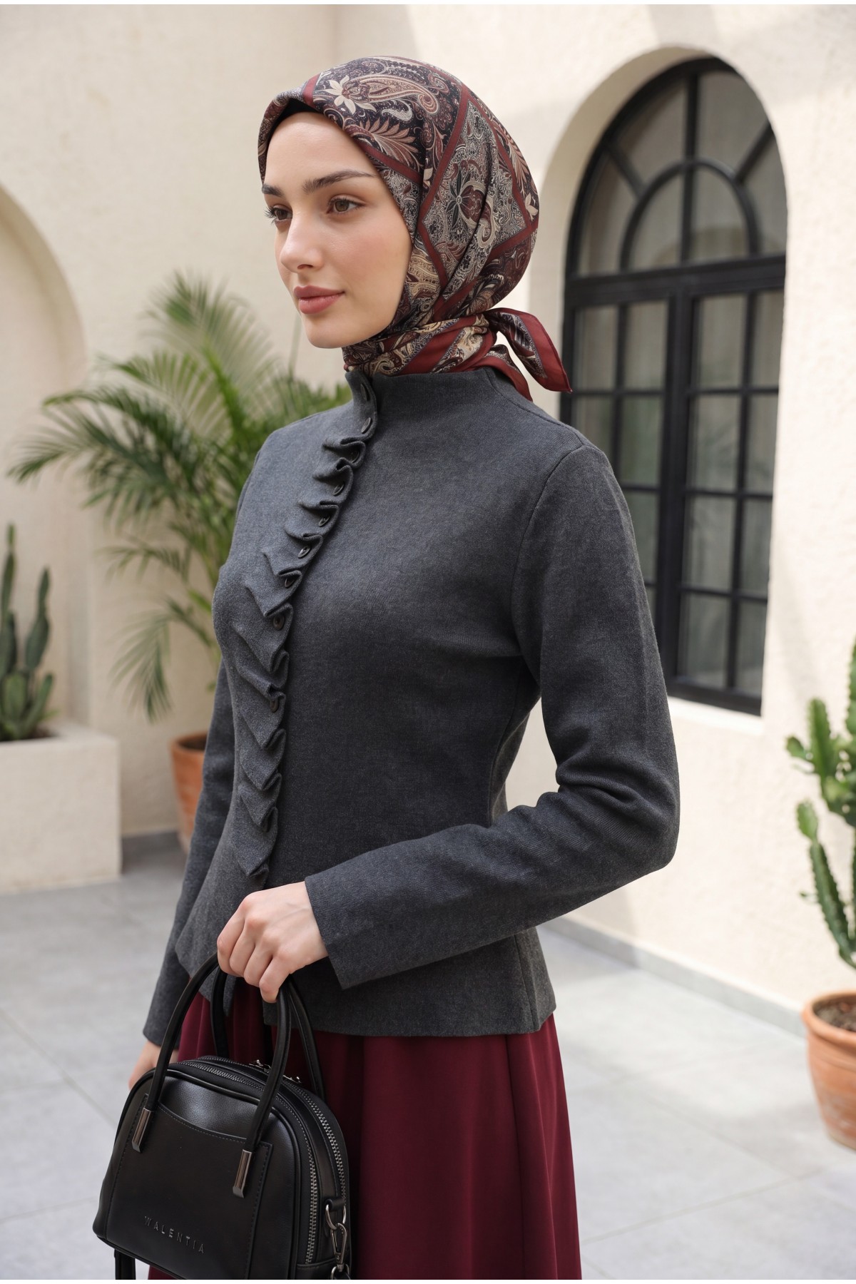 كارديجان محبوك بأزرار وياقة عالية مع كشكشة أمامية -أنثراسايت