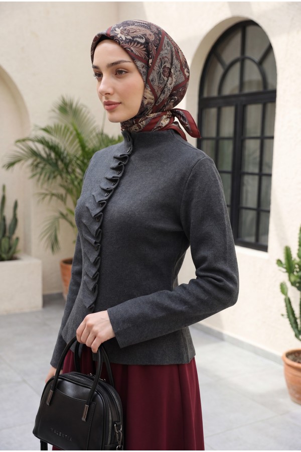 Buttoned, High-Neck Knit Cardigan with Ruffled Front -Anthracite