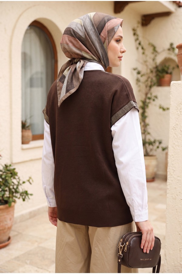 V-Neck Short Sleeve Knitted Tunic with Glittery Sleeves and Collar -Dark Coffee