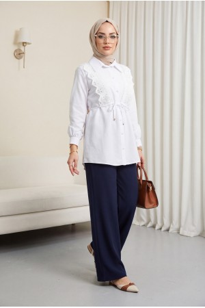 Önü Dantelli Bağlama Detaylı Düğmeli Poplin Gömlek -Beyaz