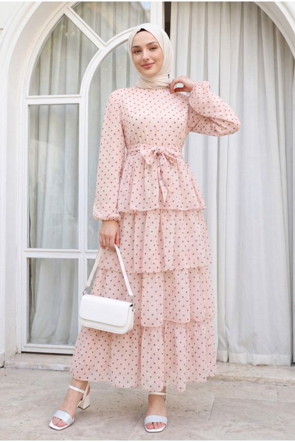 Layered Polka Dot Chiffon Dress with Cross -Powder