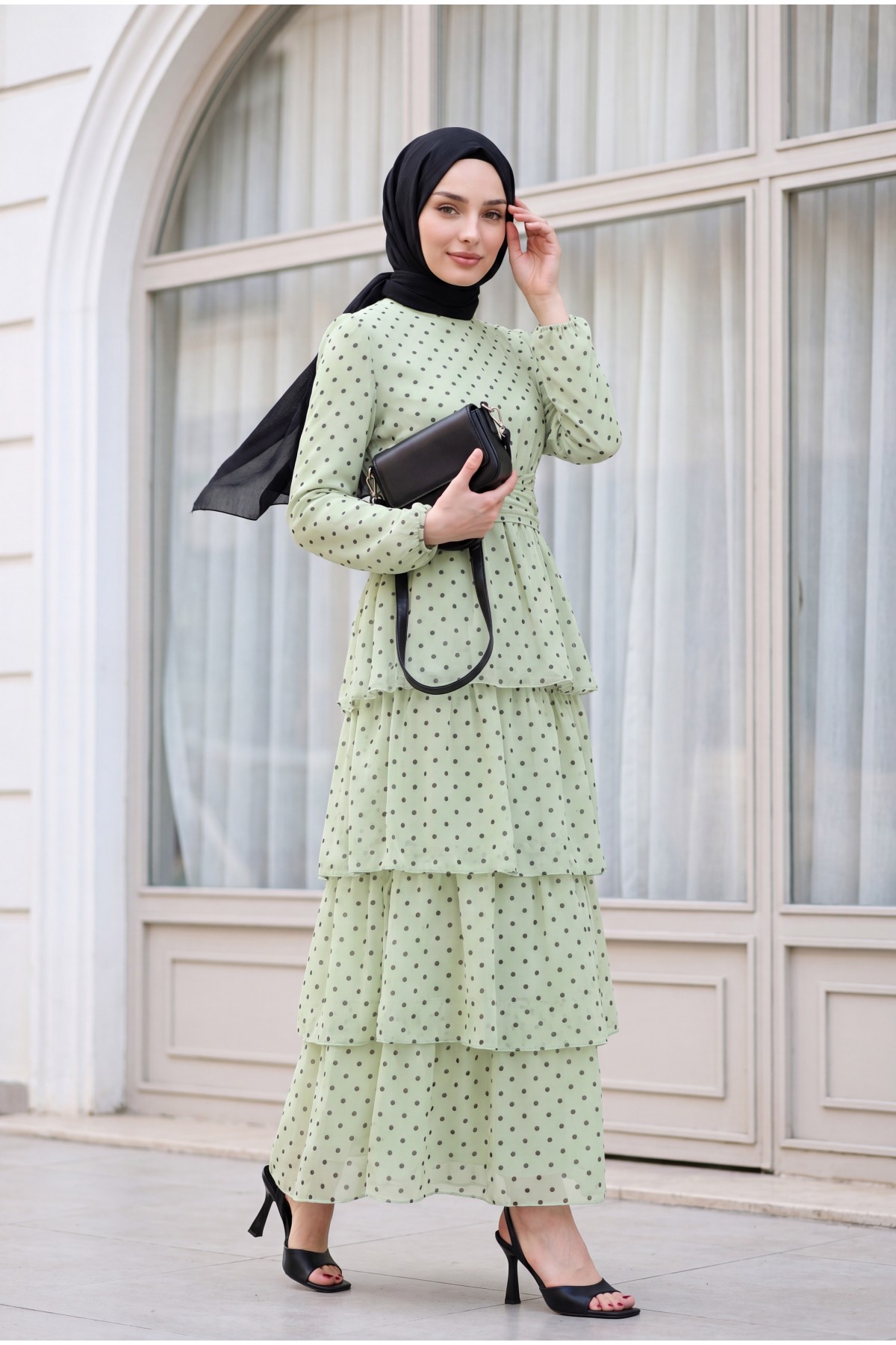 Layered Polka Dot Chiffon Dress with Cross -Sea green