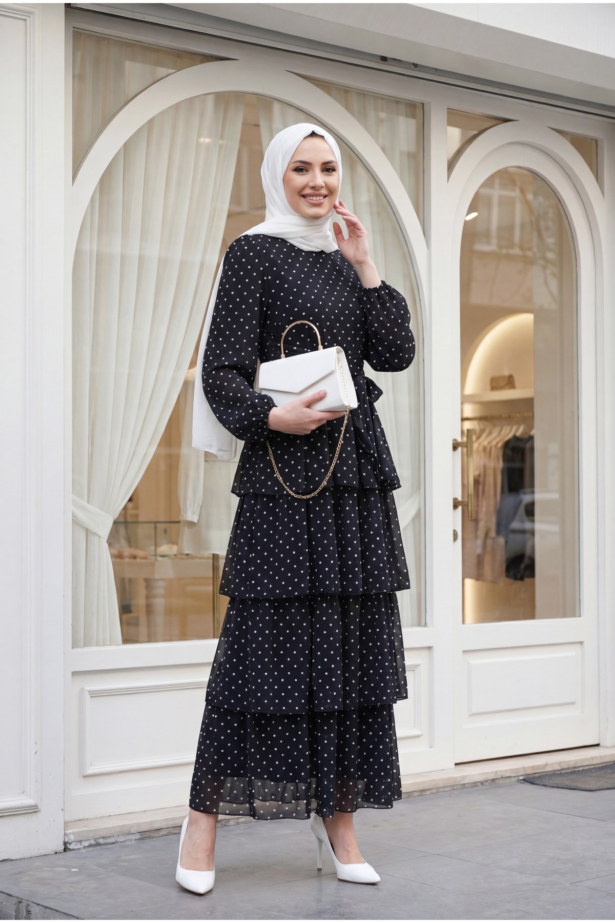Layered Polka Dot Chiffon Dress with Cross-Tie Skirt -Black