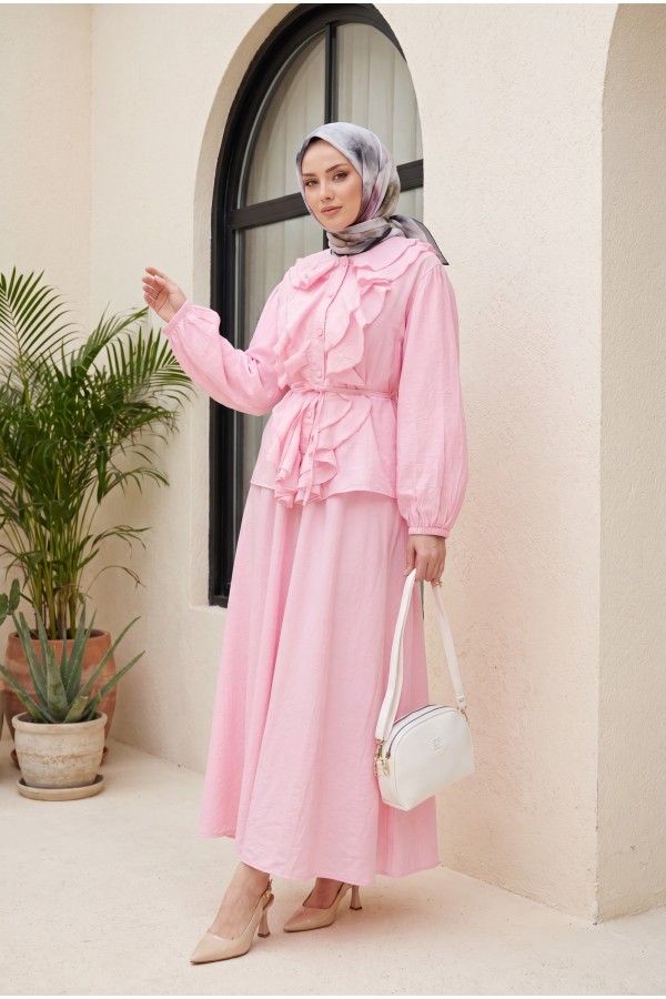 Strawberry Style Skirt Set with Ruffled Front, Elasticated Sleeves, and Belted Waist -Pink