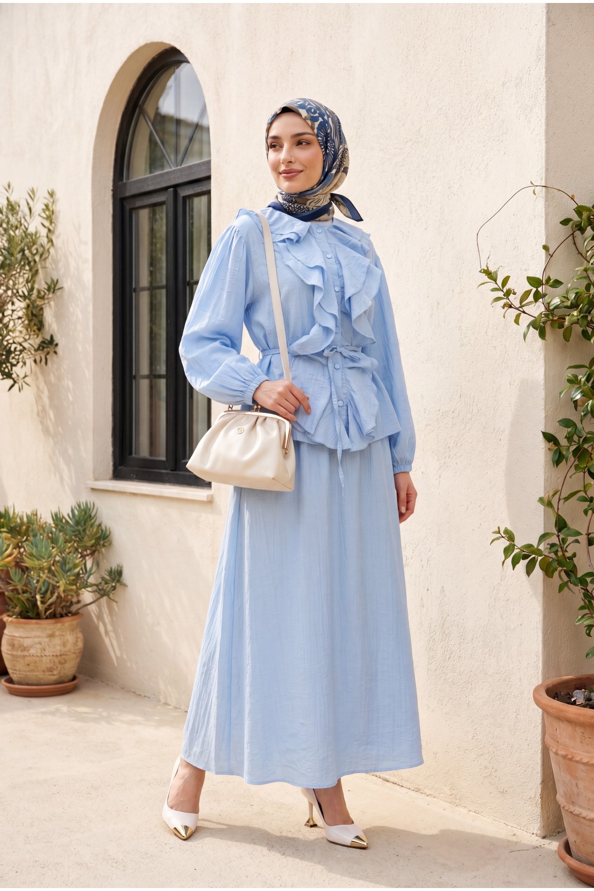 Strawberry Style Skirt Set with Ruffled Front, Elasticated Sleeves, and Belted Waist -Baby Blue