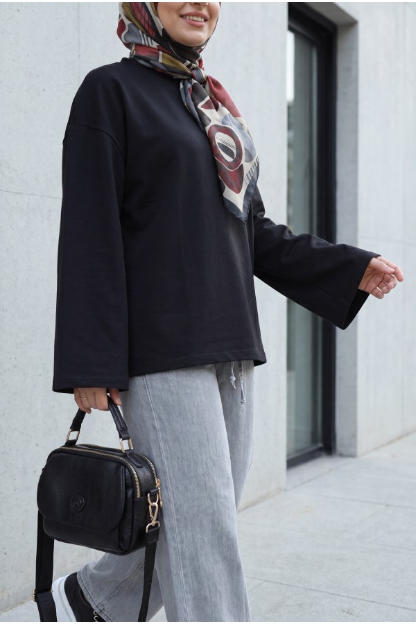 Crew Neck Long Sleeve Oversize Cotton Sweatshirt -Black