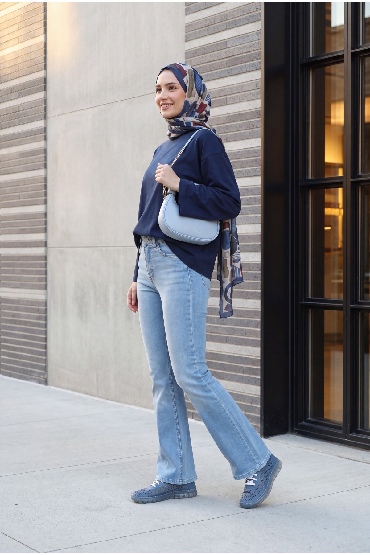 Bisiklet Yaka Uzun Kollu Oversize Penye Sweat -Lacivert