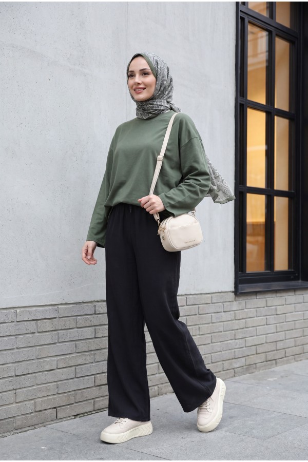 Crew Neck Long Sleeve Oversize Cotton Sweatshirt -Khaki