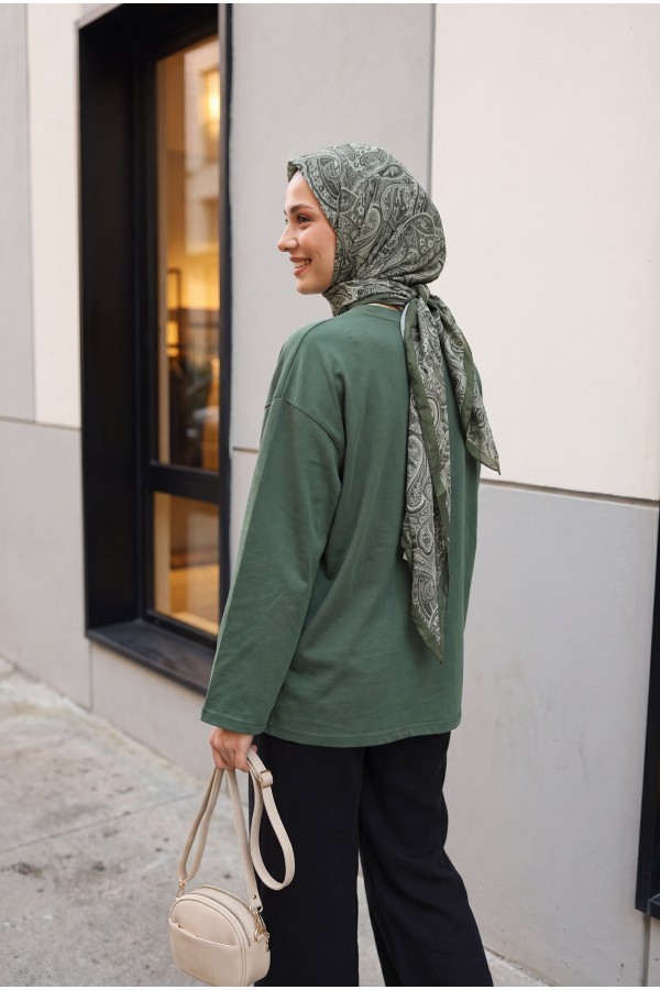 Crew Neck Long Sleeve Oversize Cotton Sweatshirt -Khaki