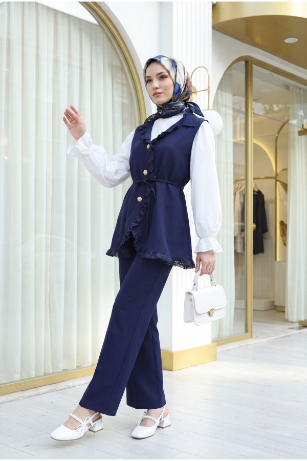 Lace-Detailed Belted Vest and Trousers Two-Piece Crepe Set -Navy blue