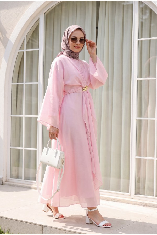 Long Tulle Modal Dress with Tie-Up Bolero and Lining -Pink