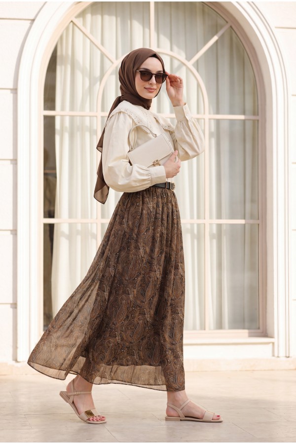 Elasticated Waist Belted Lined Patterned Tulle Skirt   -Khaki