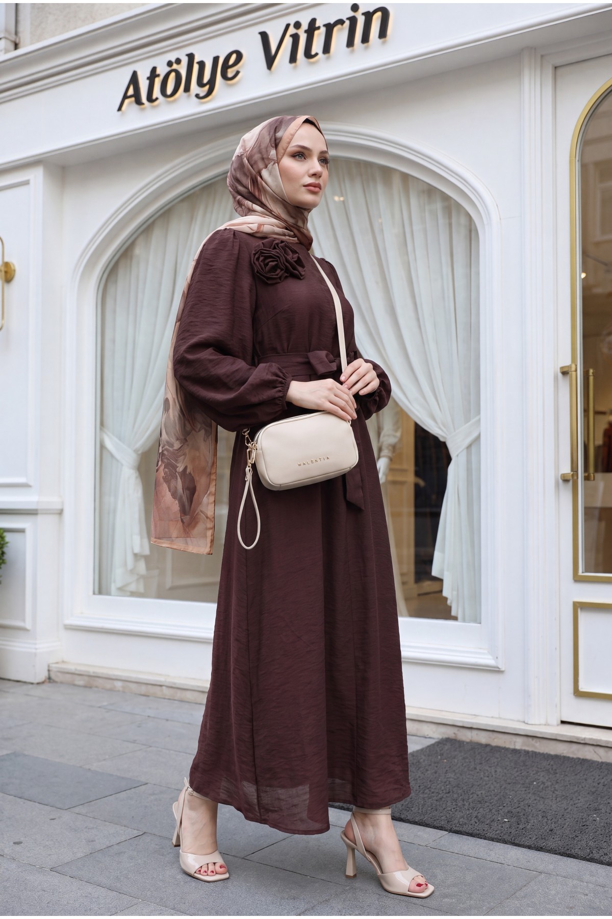 Brooch Detail Belted Lined Balloon Sleeve Tulle Voile Dress -Damson