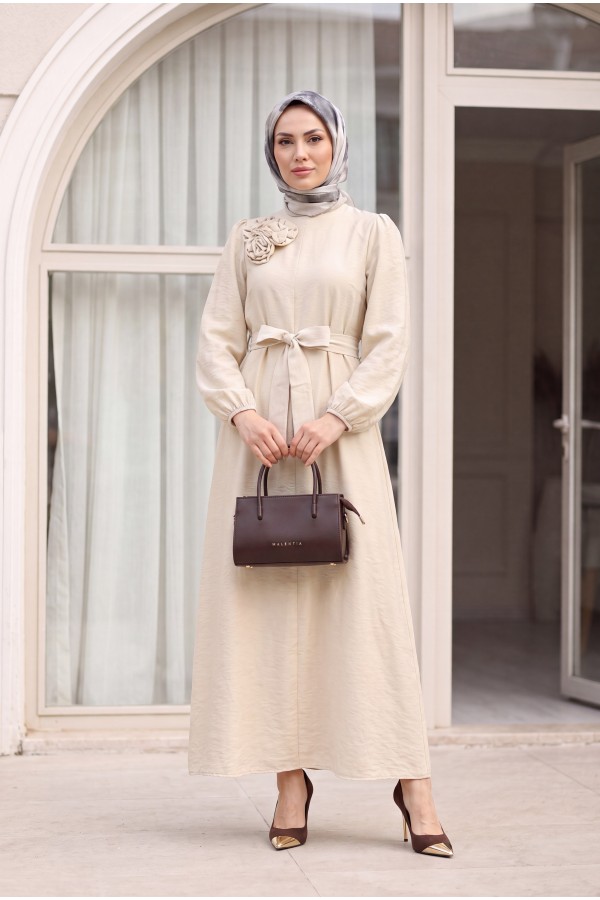 Brooch Detail Belted Lined Balloon Sleeve Tulle Voile Dress - Beige