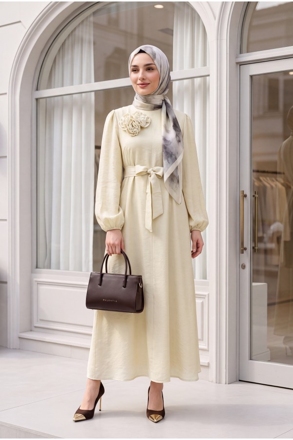 Brooch Detail Belted Lined Balloon Sleeve Tulle Voile Dress - Beige