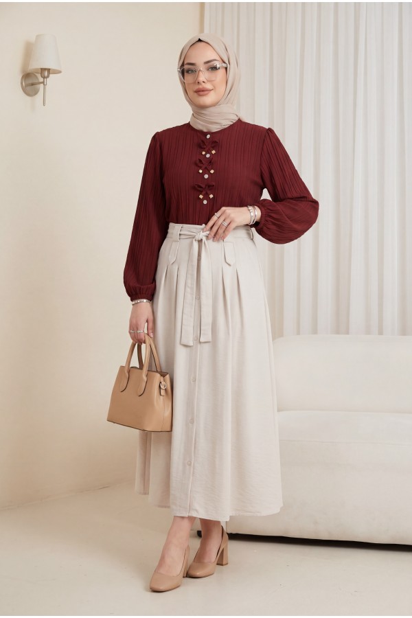 Buttoned Blouse with Elastic Sleeves and Bow Detail on the Front   -Maroon