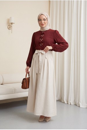 Önü Fiyonk Detaylı Düğmeli Kolu Lastikli Bluz   -Bordo