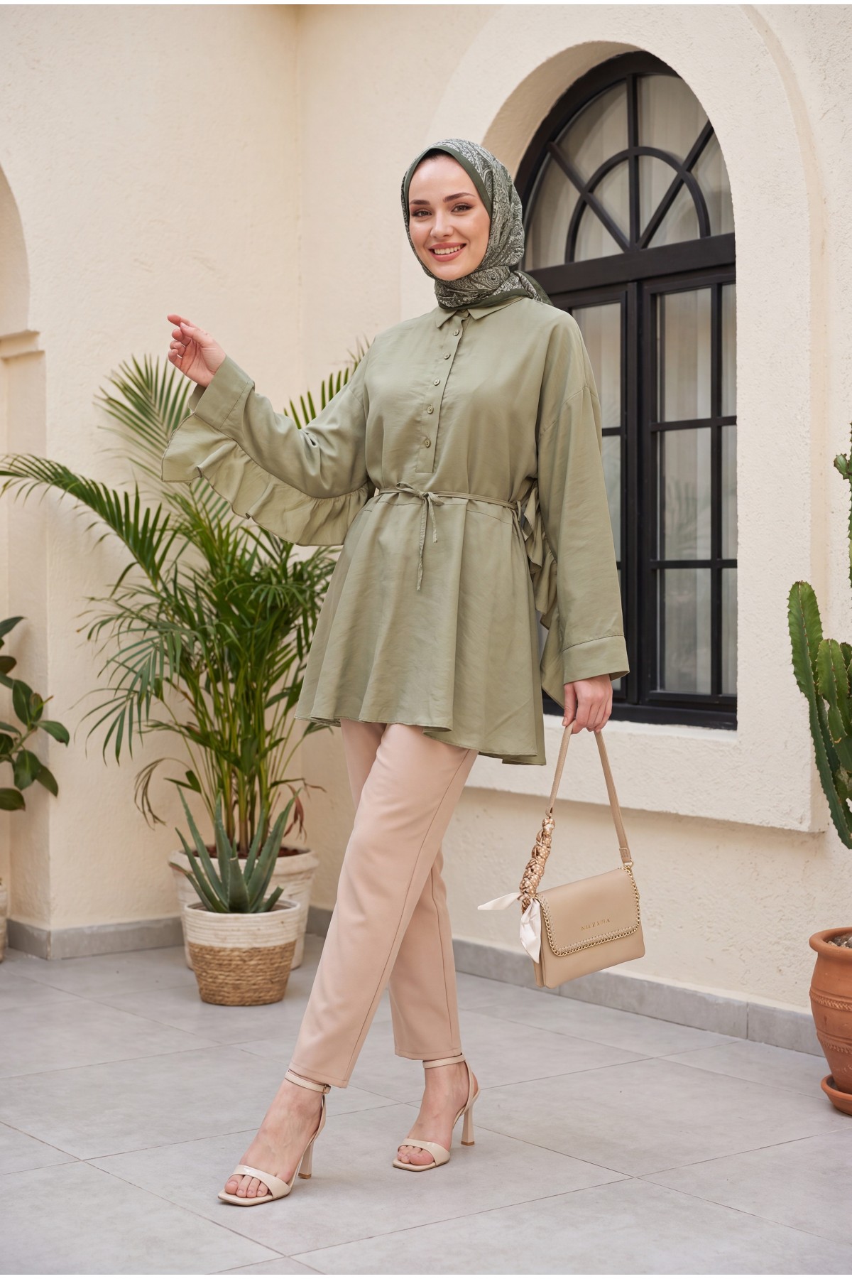 Buttoned Belted Batwing Sleeve Ruffled Oversize Modal Tunic  -Cagla Green