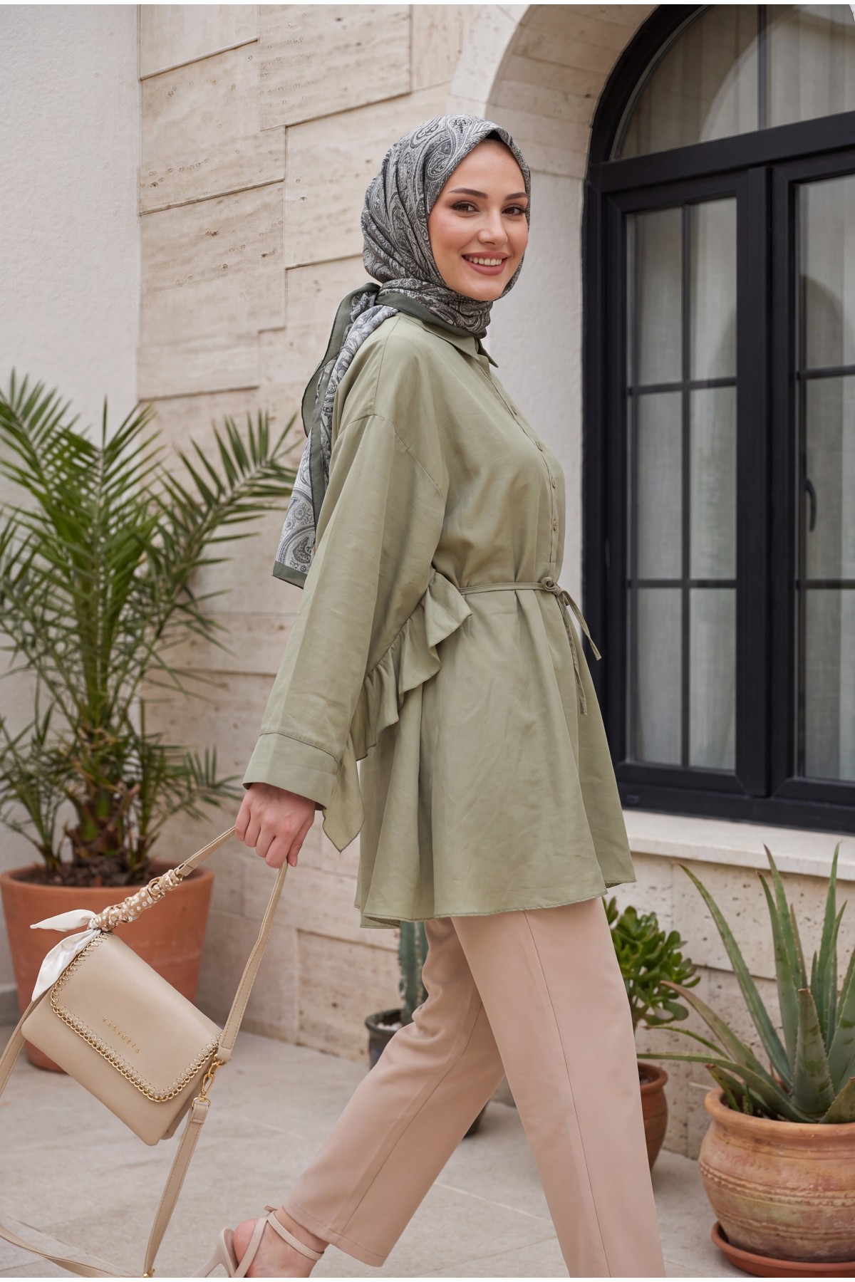 Buttoned Belted Batwing Sleeve Ruffled Oversize Modal Tunic  -Cagla Green