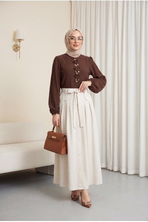 Önü Fiyonk Detaylı Düğmeli Kolu Lastikli Bluz   -Kahve