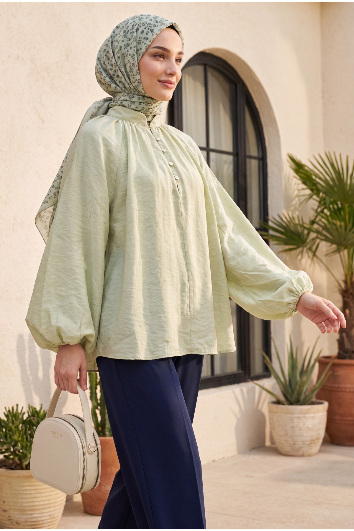 Oversize Tulle Voile Blouse with Tie Neckline and Half Button Closure, Lined -Sea green