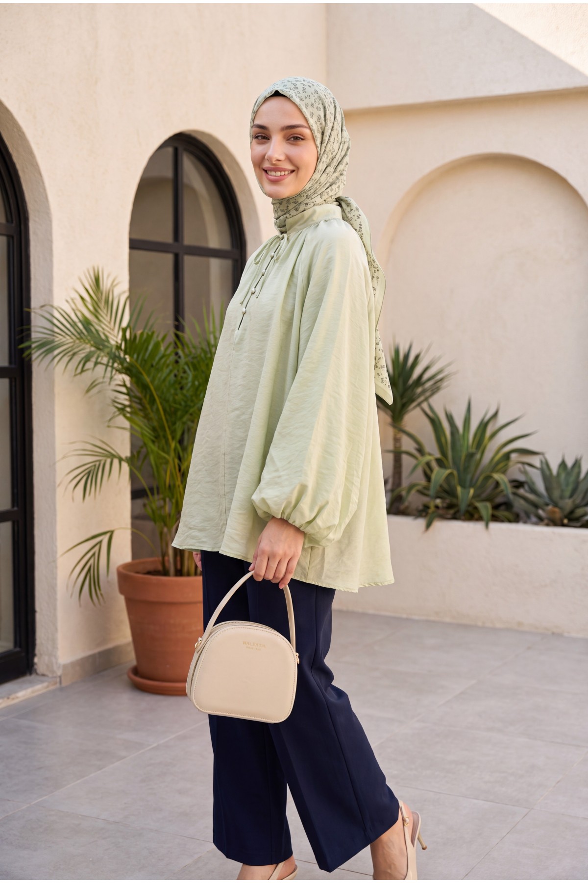 Oversize Tulle Voile Blouse with Tie Neckline and Half Button Closure, Lined -Sea green