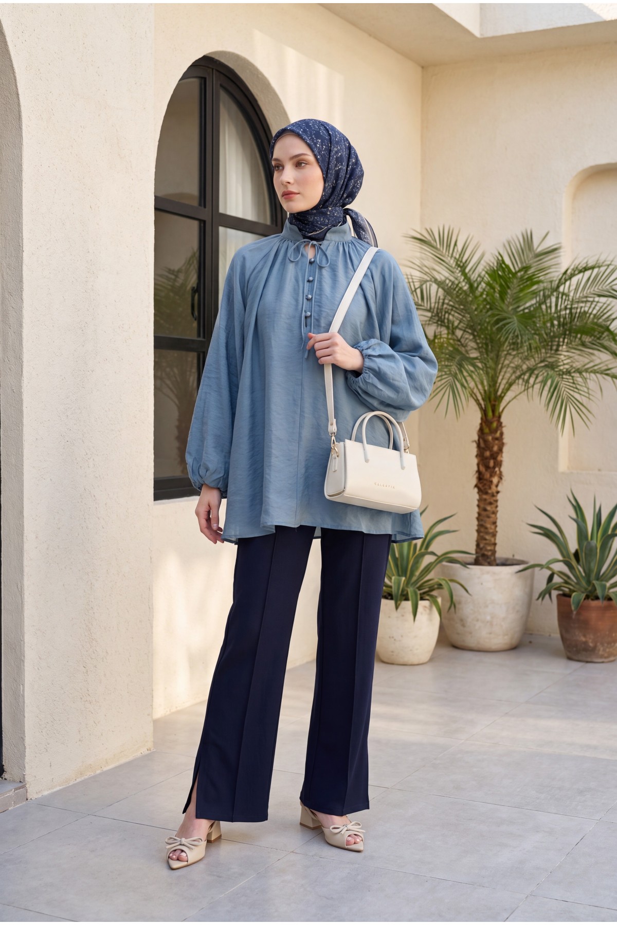 Oversize Tulle Voile Blouse with Tie Neckline and Half Button Closure, Lined -Oil color