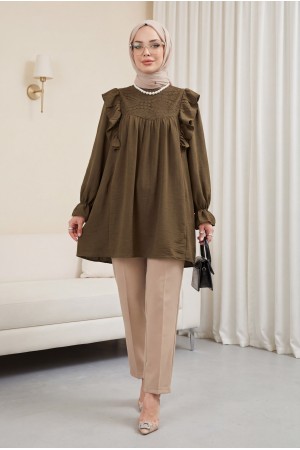 Omuz Fırfırlı Robası Dantel İşlemeli Keten Tunik      -Kahve