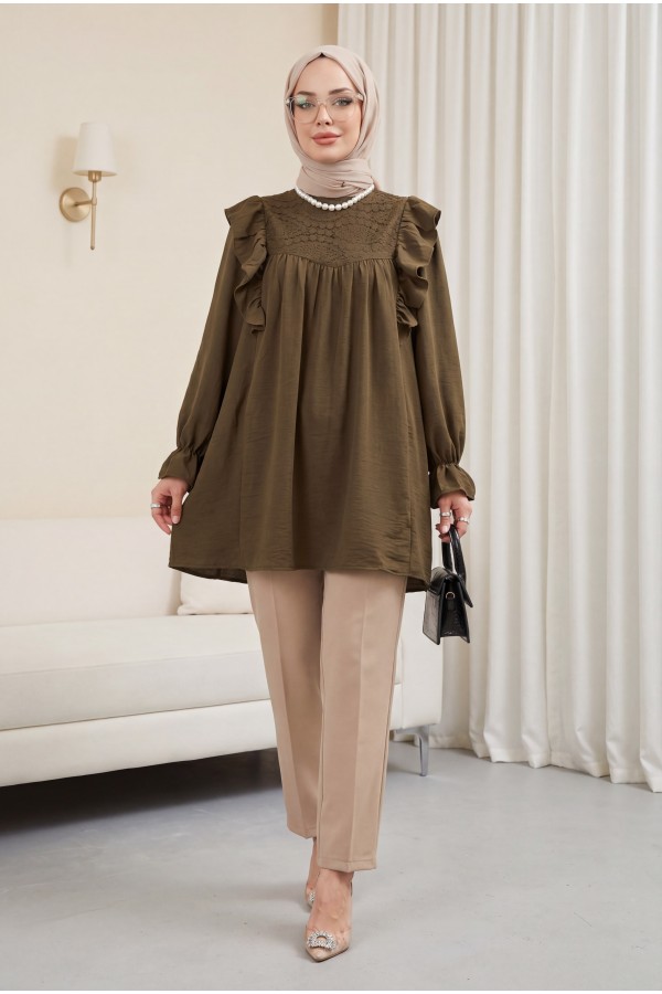 Linen Tunic with Ruffled Shoulders and Lace Embellishment      -Brown