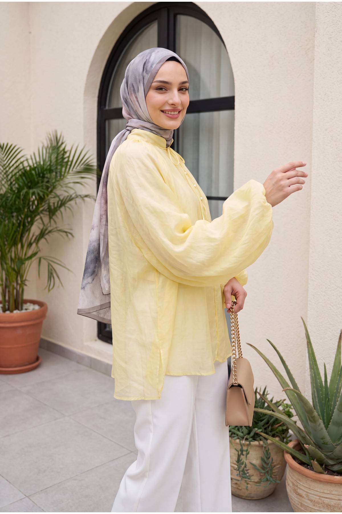 Oversize Tulle Voile Blouse with Tie Neckline and Half Button Closure, Lined -Light yellow