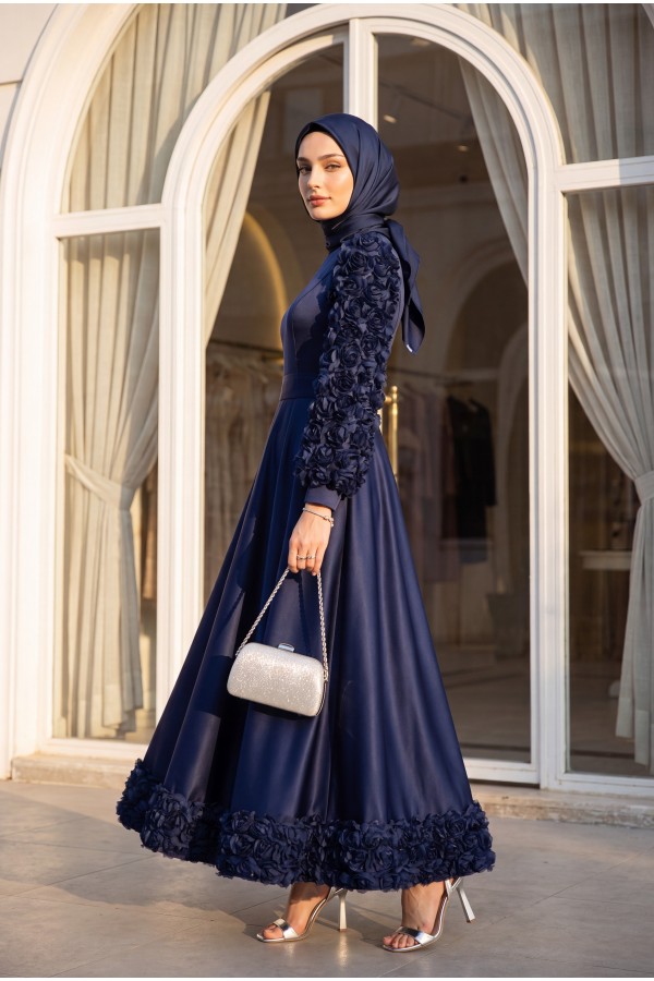 Satin Evening Dress with Rose Detail on Skirt and Sleeves -Navy blue