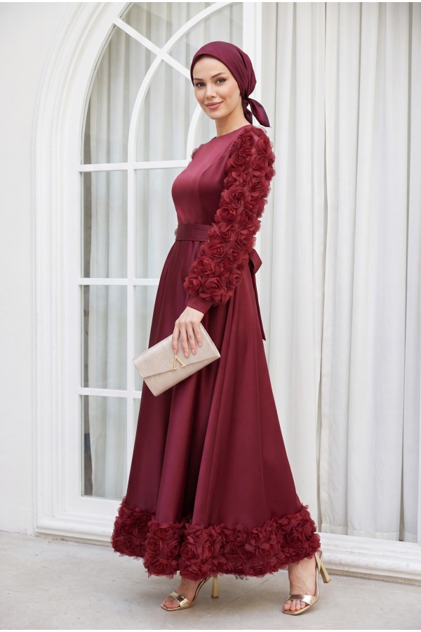 Satin Evening Dress with Rose Detail on Skirt and Sleeves  -Maroon