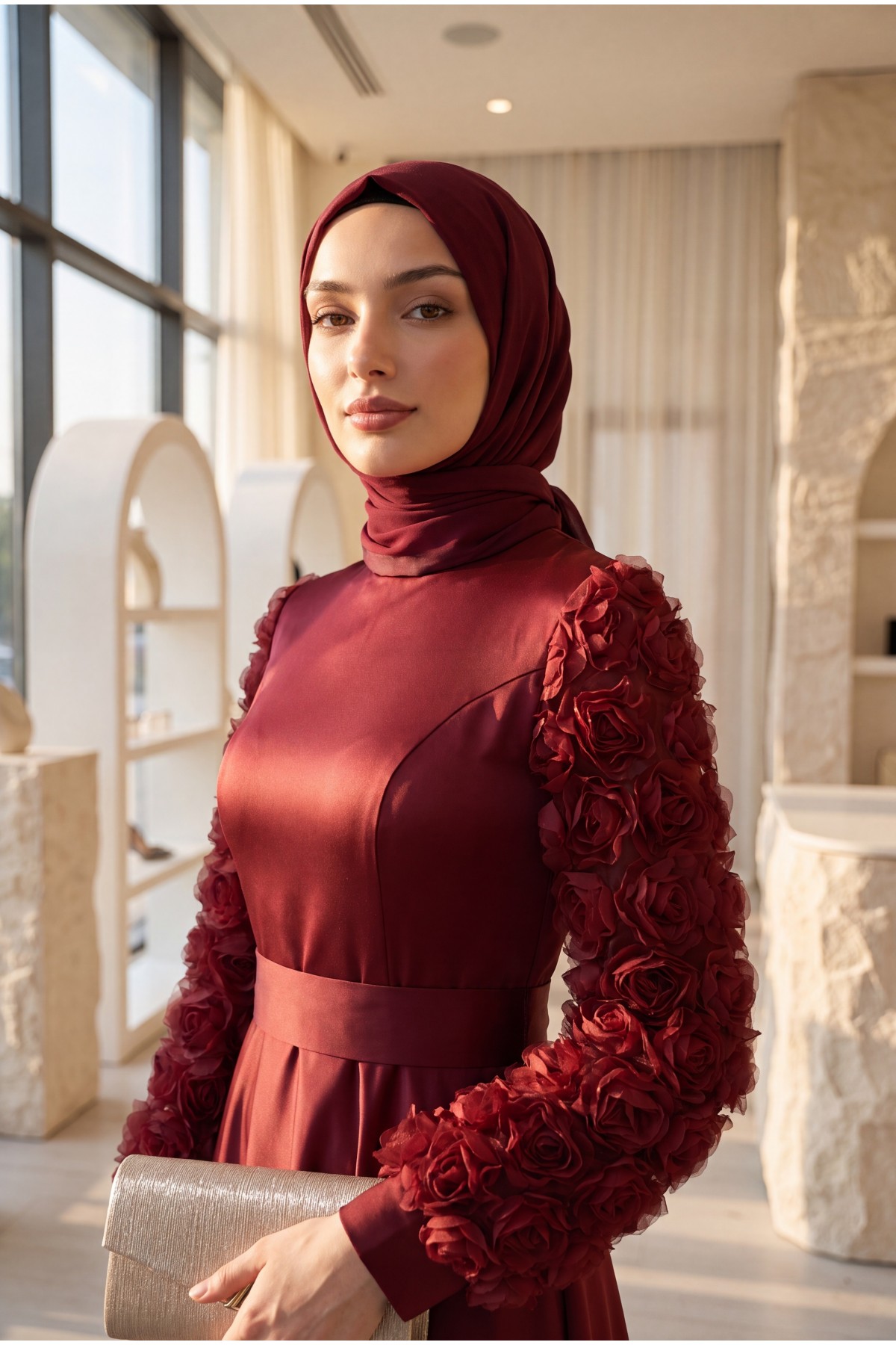 Satin Evening Dress with Rose Detail on Skirt and Sleeves  -Maroon