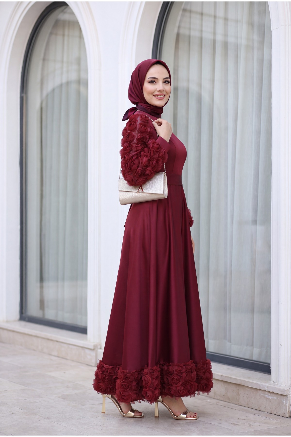 Satin Evening Dress with Rose Detail on Skirt and Sleeves  -Maroon