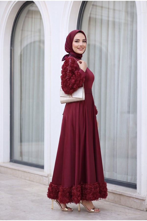 Satin Evening Dress with Rose Detail on Skirt and Sleeves  -Maroon