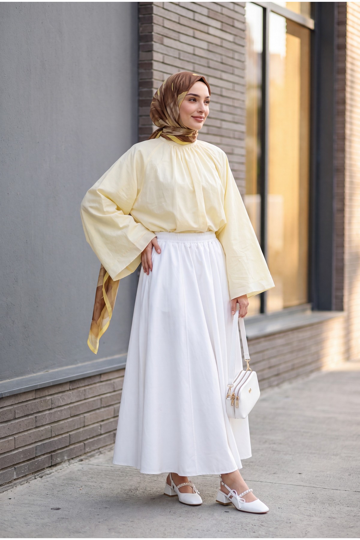 Mandarin Collar, Spanish Sleeve, Lined Voile Blouse  -Light yellow