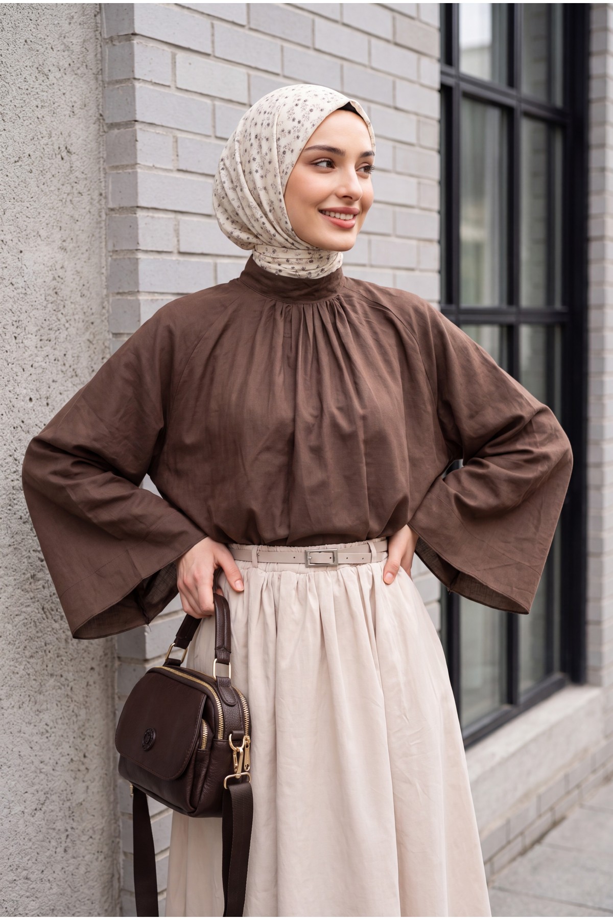Mandarin Collar, Spanish Sleeve, Lined Voile Blouse -Brown