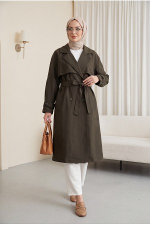 Beli Kemerli Cepli Kolu Apoletli Bolerolu Pes Kumaş Trençkot -K. Kahve