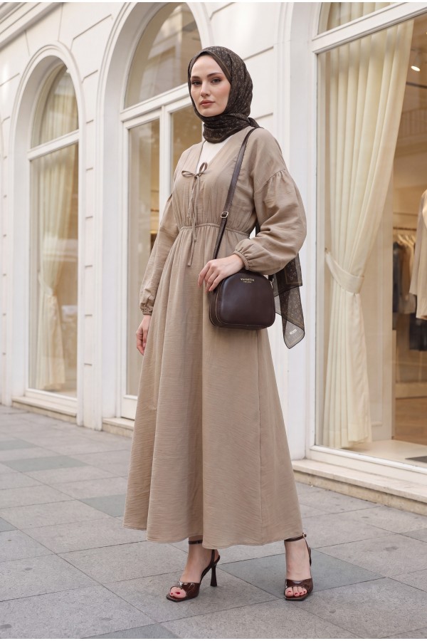Muslin Dress with Elasticated Waist and Sleeves, Tied Collar     -Mink color