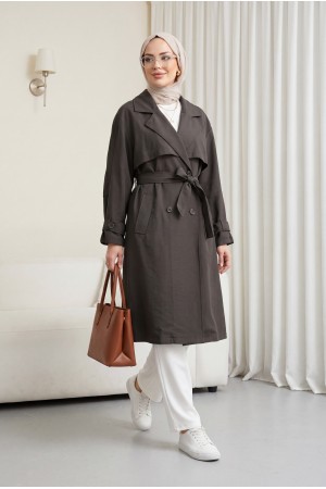Beli Kemerli Cepli Kolu Apoletli Bolerolu Pes Kumaş Trençkot -K. Kahve