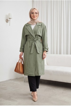 Beli Kemerli Cepli Kolu Apoletli Bolerolu Pes Kumaş Trençkot -Haki