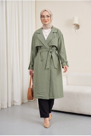 Beli Kemerli Cepli Kolu Apoletli Bolerolu Pes Kumaş Trençkot -Haki