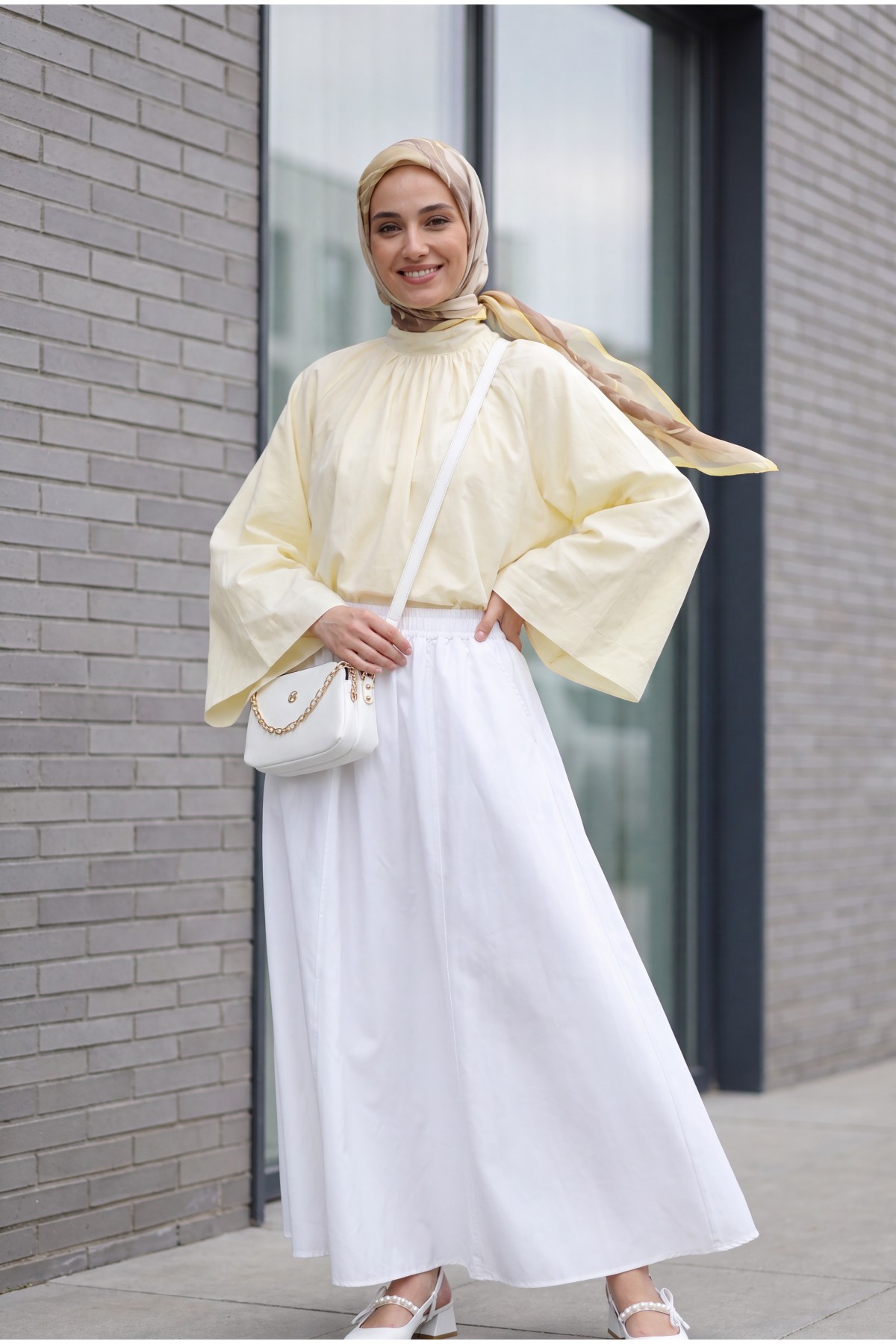 Mandarin Collar, Spanish Sleeve, Lined Voile Blouse  -Light yellow