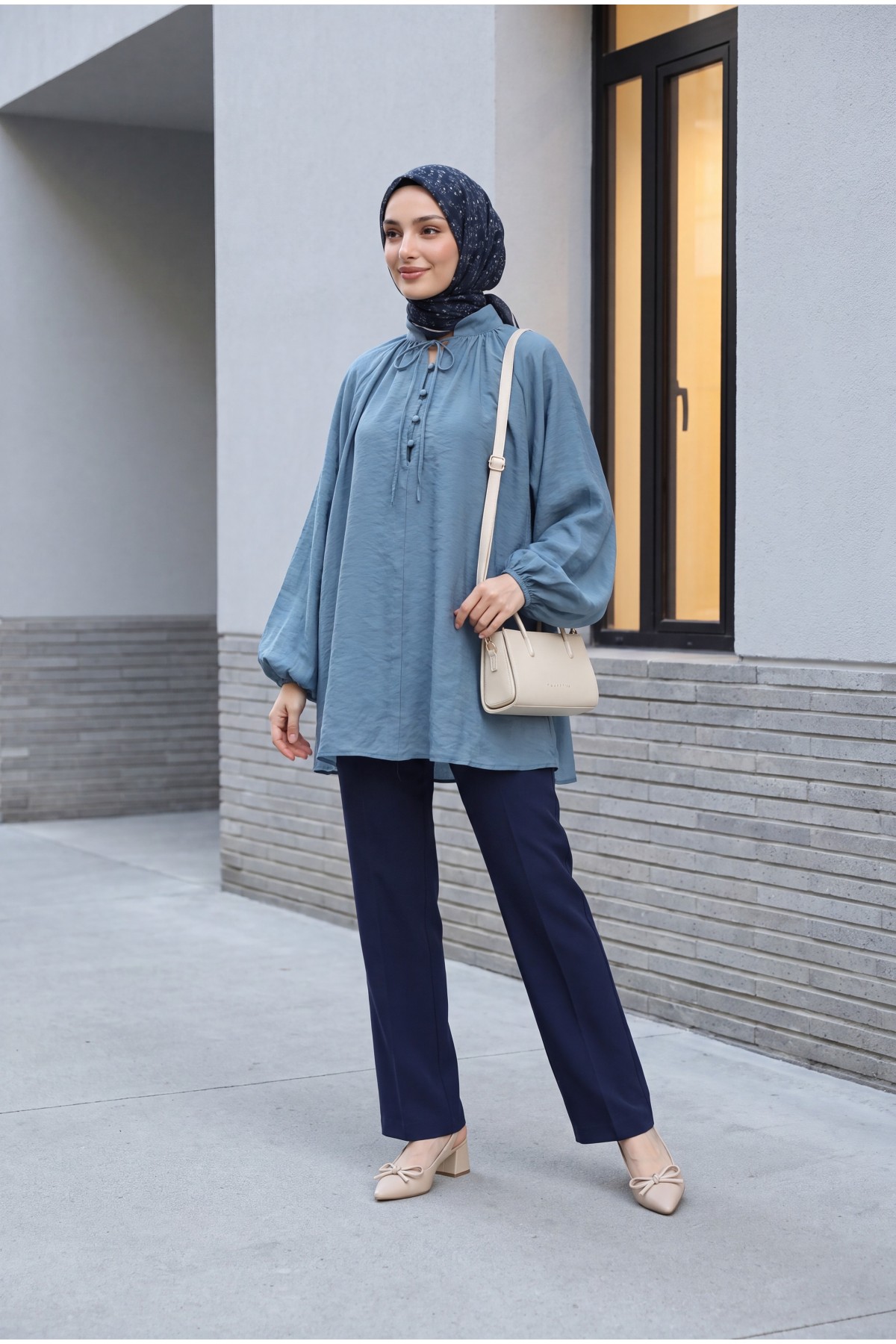 Oversize Tulle Voile Blouse with Tie Neckline and Half Button Closure, Lined -Oil color