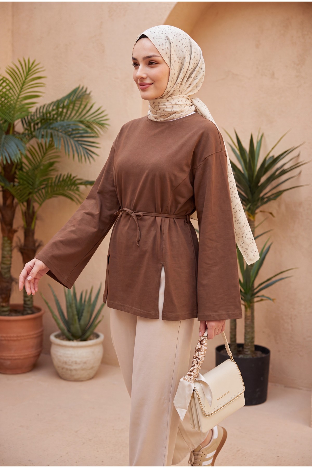 Jersey Tunic with Tie Waist and Slit -Brown