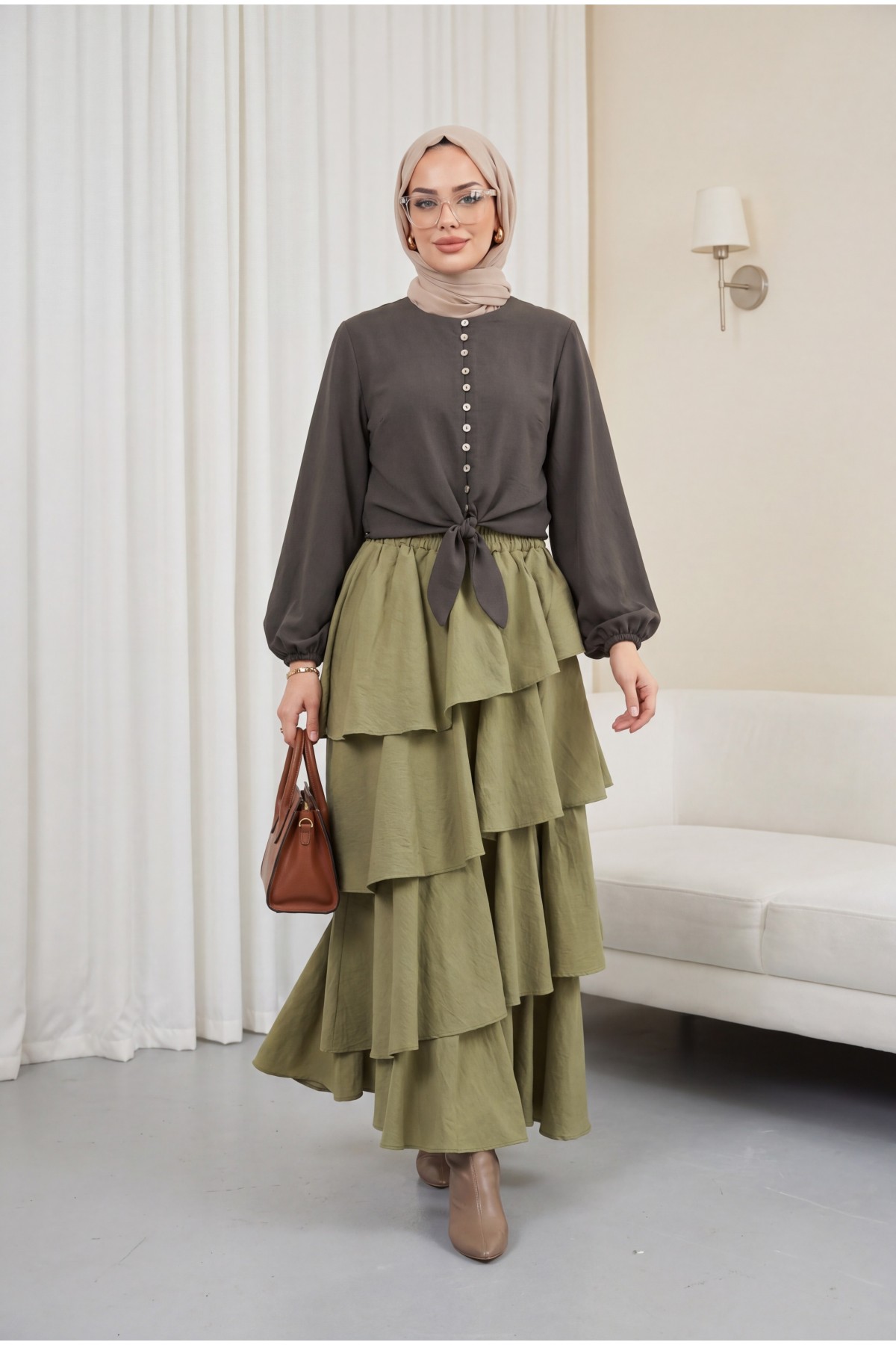 Cupra Skirt with Elastic Waist and Layered Lining -Khaki