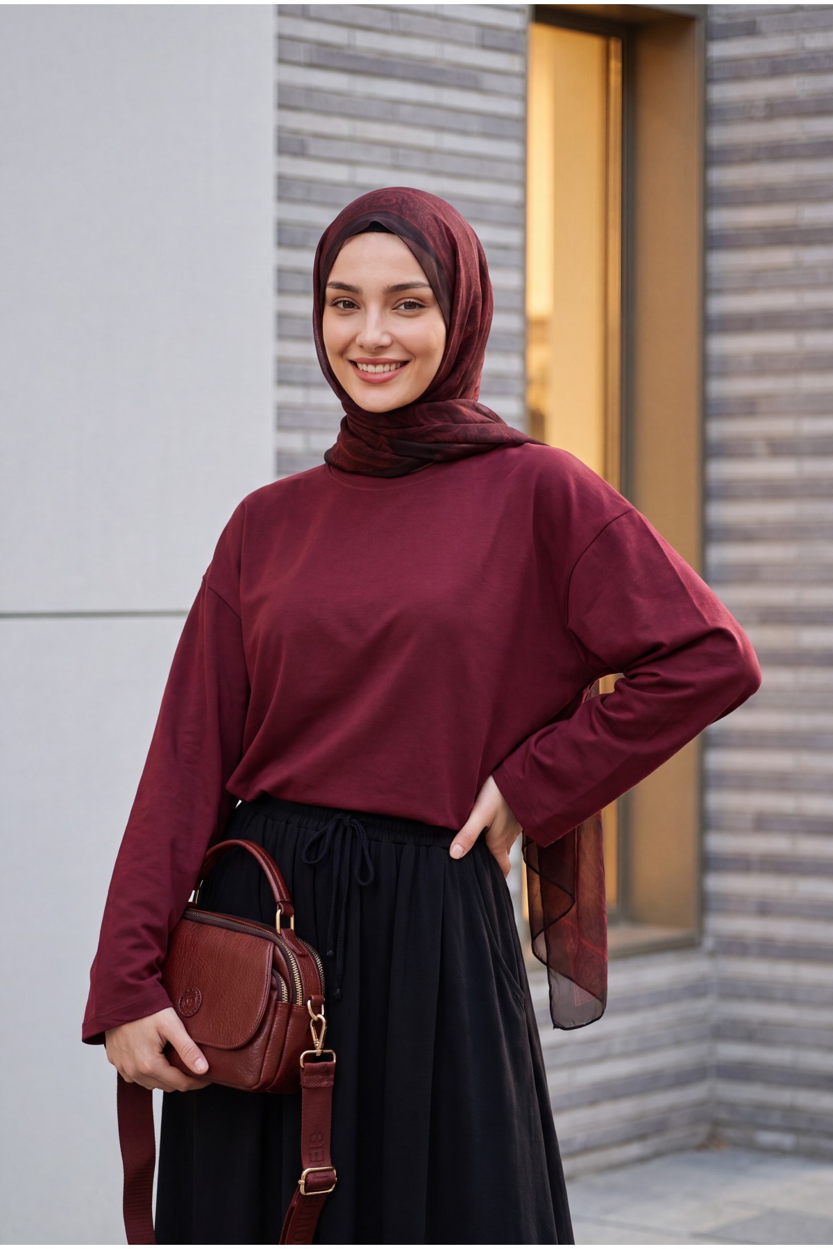Bisiklet Yaka Uzun Kollu Oversize Penye Sweat  -Bordo
