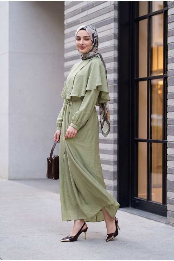 Lined Tulle Modal Dress with Cape Detail Neckline and Belt -Cagla Green