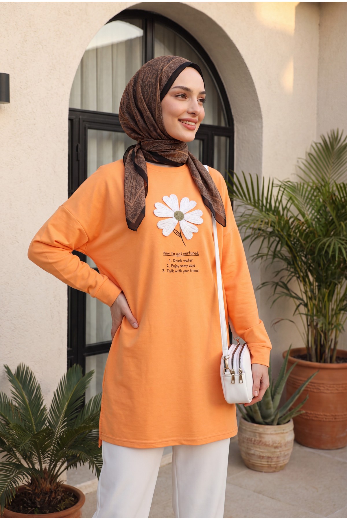 Crew Neck Cotton Tunic with Floral Embroidery on the Front   -Orange