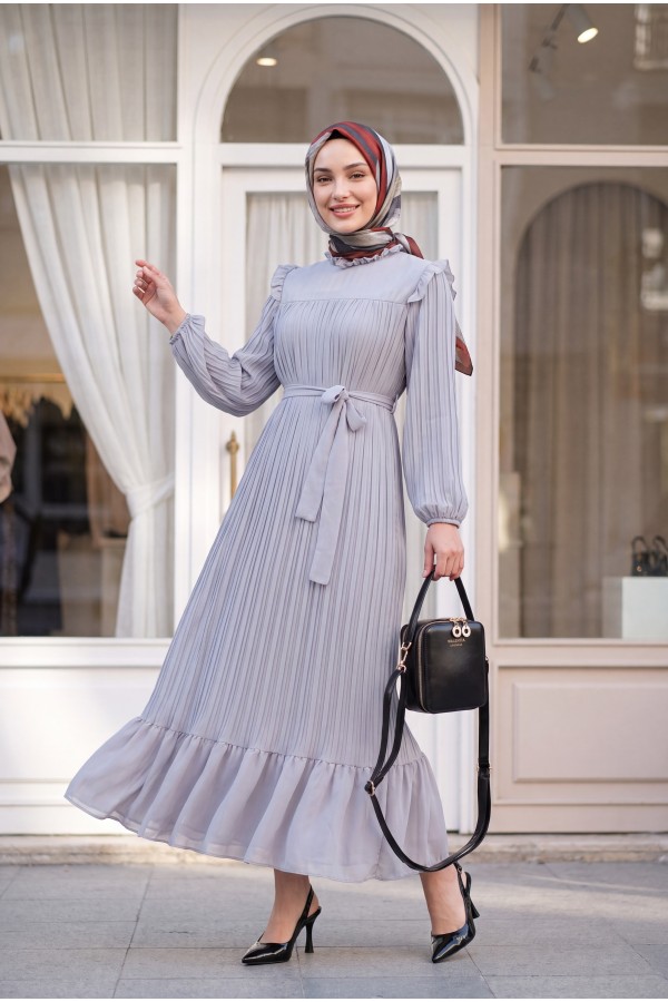 Front Robe Sleeves and Body Pleated Dress      -Grey
